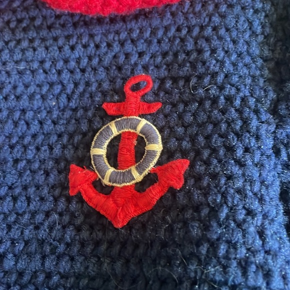 Unique Vintage Girls heavy navy & red hand knitted sweater/coat. Sz 3/4? - Picture 5 of 14